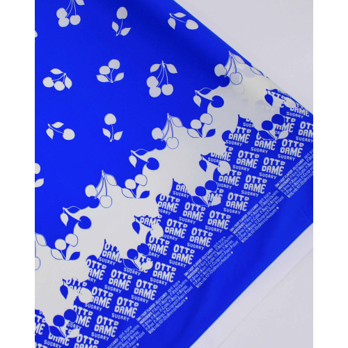 Tecido Tricoline Italiano Barrado Cerejas Branco e Azul