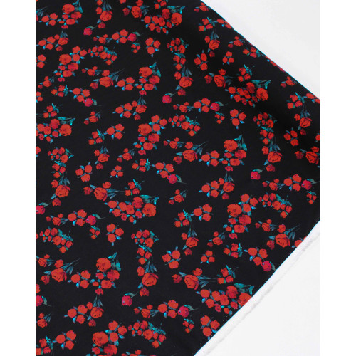 Tecido Viscose Italiano Ramos de Rosas Verde, Vermelho e Preto