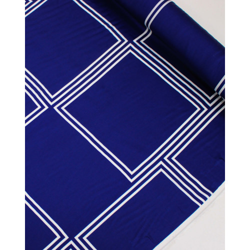 Tecido Viscose Acetinada Italiano Macro Geométricos Branco e Azul Marinho