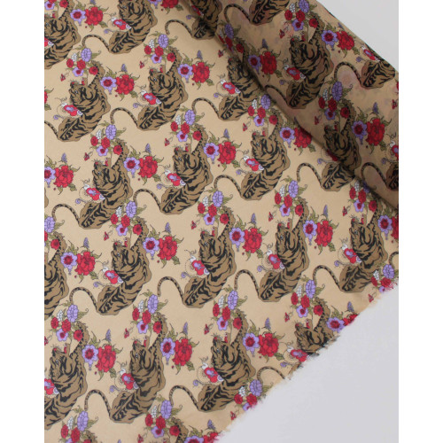 Tecido Crepe Chiffon Italiano Tigres e Flores Colorido e Bege