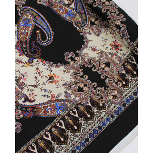 Tecido Crepe de Viscose Barrado Duplo Cashmere Floral Colorido e Preto