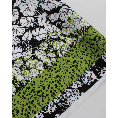 Tecido Viscose Italiano Barrado Macro Folhas Verde, Branco e Preto
