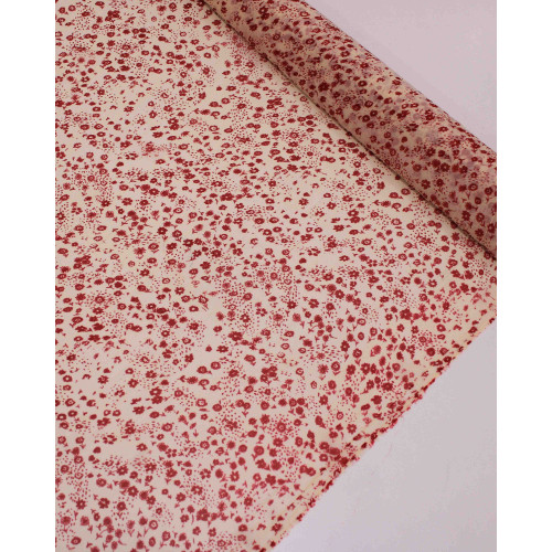 Tecido Crepe Chiffon Italiano Micro Tapete Floral Vermelho e Creme