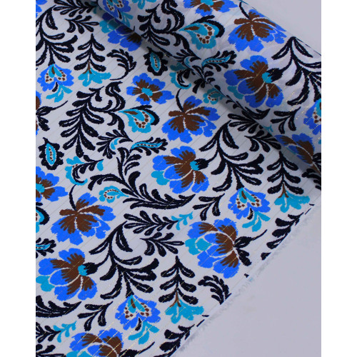 Tecido Viscose com Lurex Estampa Floral Marrom, Tons de Azul e Branco