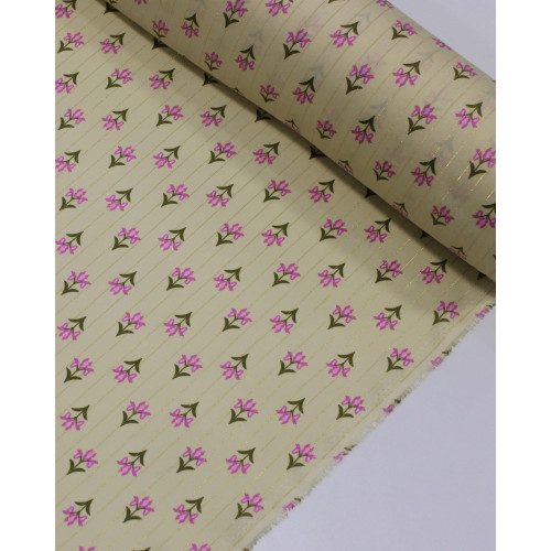Tecido Viscose com Lurex Micro Flores Verde, Rosa e Creme