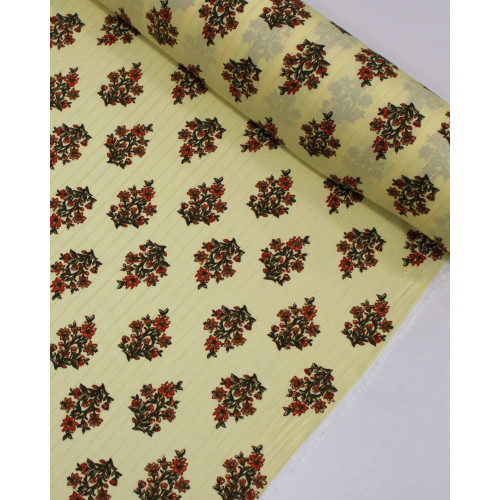 Tecido Viscose com Lurex Buquê Floral Verde, Vermelho e Creme