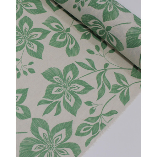Tecido Linho Misto Estampa Floral Verde Menta e Cru