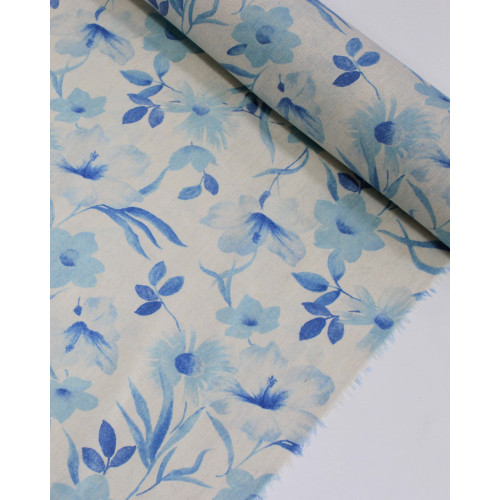 Tecido Linho Misto Estampa Floral Tons de Azul e Cru
