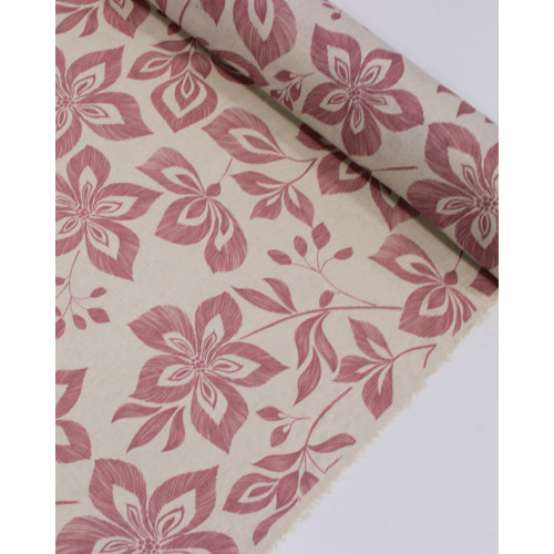 Tecido Linho Misto Estampa Floral Rosa Chá e Cru