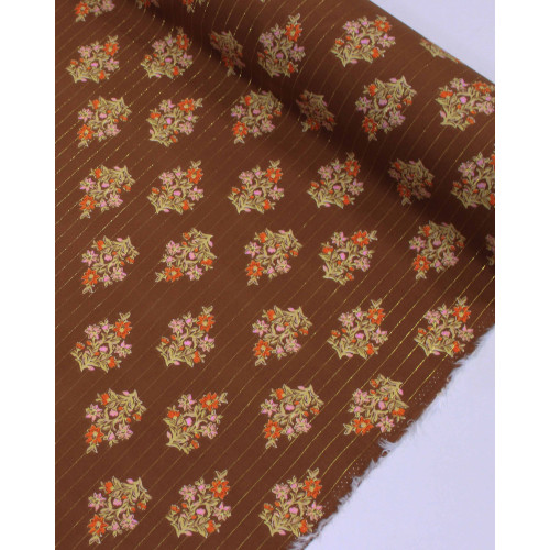 Tecido Viscose com Lurex Buquê Floral Colorido e Marrom