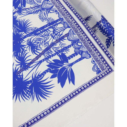 Tecido Crepe Silk Italiano Estampa Lenço Folhagens Tropicais Azul e Offwhite (1,47m x 89cm)