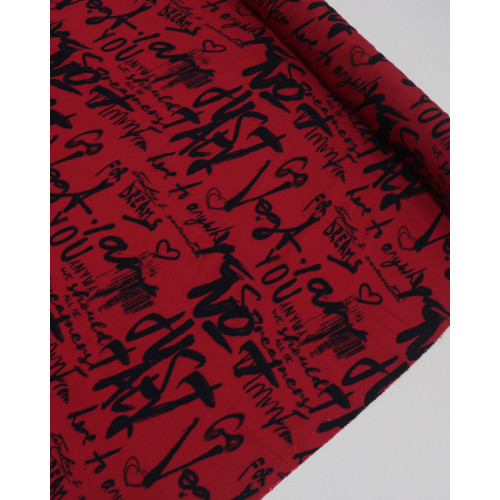 Tecido Crepe de Viscose Italiano Escritas Preto e Vermelho