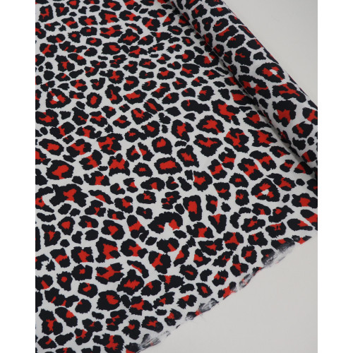 Tecido Crepe de Viscose Italiano Animal Print Vermelho, Preto e Branco