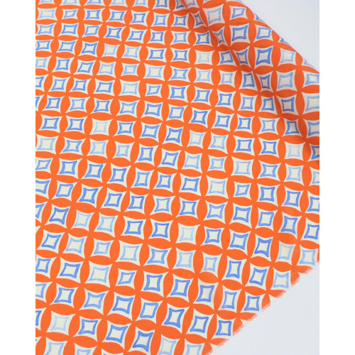 Tecido Crepe Salinas Italiano Estampa Geométrica Irregular Offwhite, Tons de Azul e Laranja