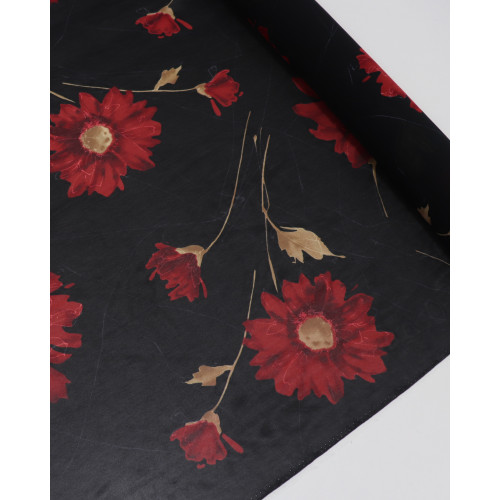 Tecido Crepe Chiffon Grosso Italiano Macro Floral e Riscos Branco, Vermelho e Preto