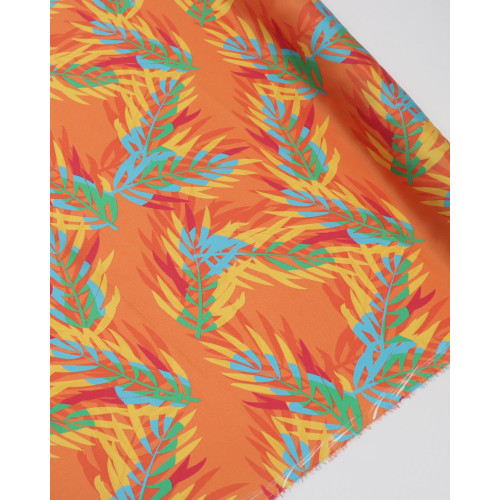 Tecido Crepe Silk Italiano Folhagens Coloridas e Laranja