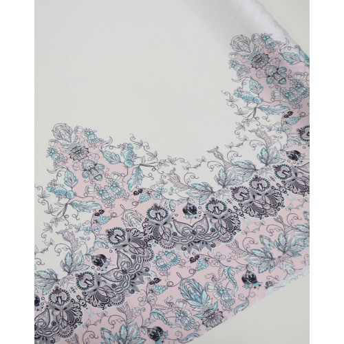Tecido Crepe Silk Italiano Barrado Duplo Boho Floral Azul, Rosa e Branco