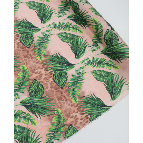 Tecido Crepe Silk Italiano Animal Print Barrado Vertical e Macro Folhagens