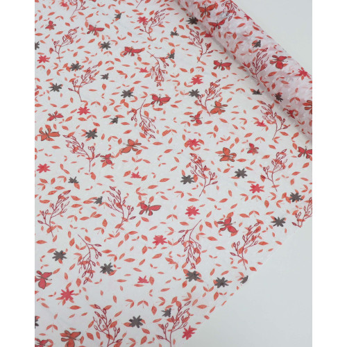 Tecido Crepe Chiffon Italiano Brocado Folhas e Ramos Vermelho e Branco