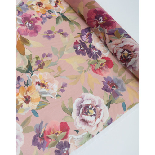 Tecido Crepe Chiffon Italiano Pintura Floral Colorido e Rosé