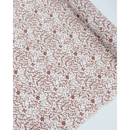 Tecido Crepe de Viscose Italiano Micro Ramos e Flores Marrom e Branco