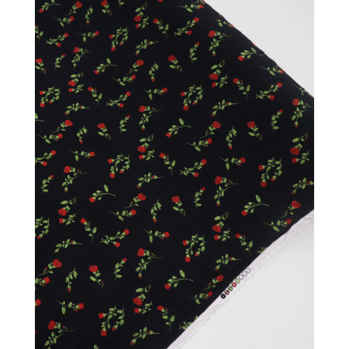 Tecido Viscose Mini Rosas Verde, Vermelho e Preto