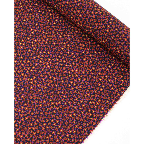 Tecido Crepe de Viscose Italiano Micro Tapete Floral Amarelo, Vermelho e Preto