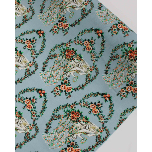 Tecido Crepe de Viscose Italiano Escultura e Flores Colorido e Azul Turquesa