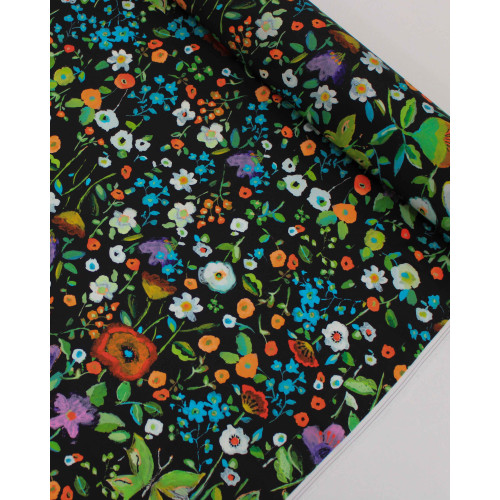 Tecido Viscose Acetinada Italiano Campo Floral Colorido e Preto