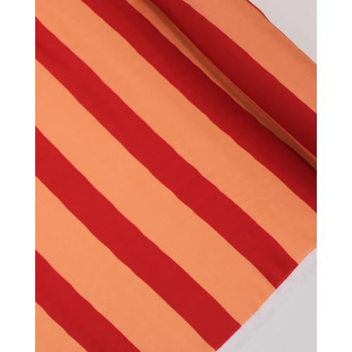 Tecido Viscose Acetinada Italiano Listras Verticais Salmão e Vermelho