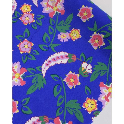 Tecido Tricoline Italiano Ramos Florais Verde, Tons de Rosa e Azul