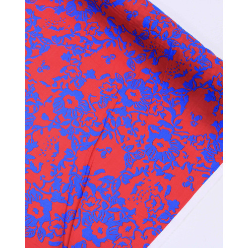 Tecido Tricoline Italiano Campo Floral Abstrato Azul e Vermelho