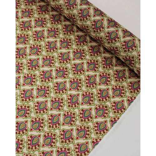 Tecido Crepe Silk Italiano Estampa Paisley Tons de Rosa, Verde e Creme
