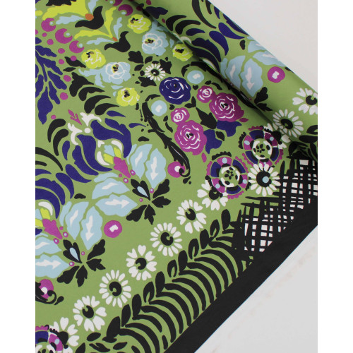 Tecido Crepe Silk Italiano Barrado Floral e Artes Abstratas Colorido e Verde
