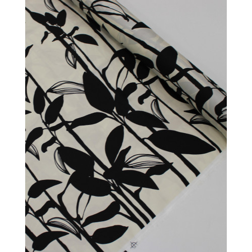 Tecido Crepe Silk Italiano Macro Ramos Preto e Creme