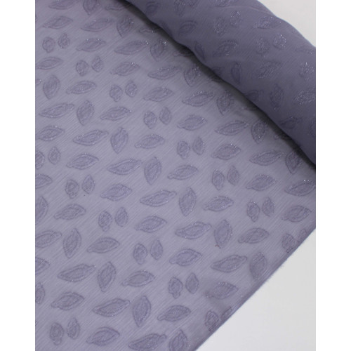 Tecido Crepe Chiffon Texturizado Italiano Brocado com Fóil Folhas Tons de Cinza