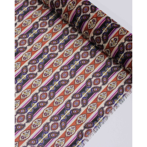 Tecido Crepe Chiffon Texturizado Italiano Listras Estampadas Roxo, Vermelho e Creme