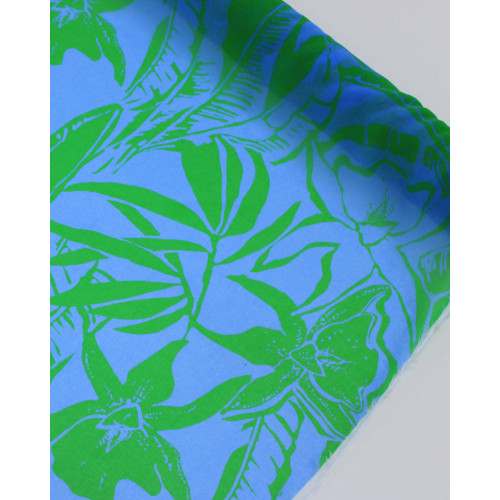 Tecido Crepe Chiffon Italiano Macro Folhas Verde e Azul Celeste