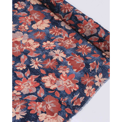 Tecido Crepe Koshibo Leve Ialiano Tapete Floral Rosa Chá, Terracota e Tons de Cinza