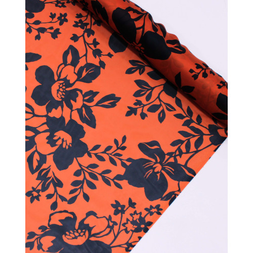 Tecido Crepe Silk FIno Italiano Ramos Florais Preto e Terracota