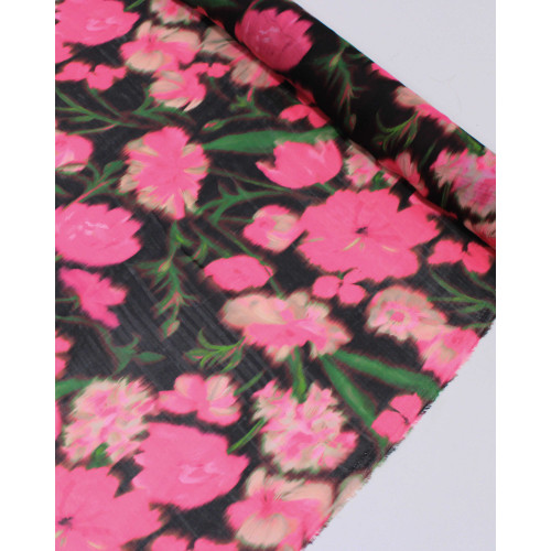 Tecido Crepe de Seda Mista Italiano Flores Desfocadas verde, Tons de Rosa e Preto