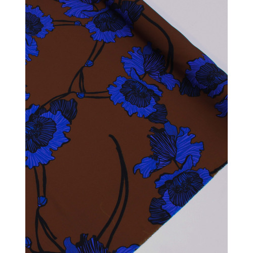 Tecido Viscose Sarjada Italiano Macro Flores Tons de Azul e Marrom