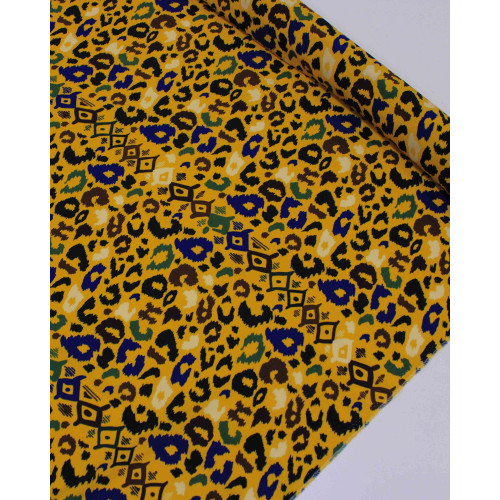 Tecido Crepe de Viscose Italiano Animal Print e Listras Verticais Colorido e Amarelo