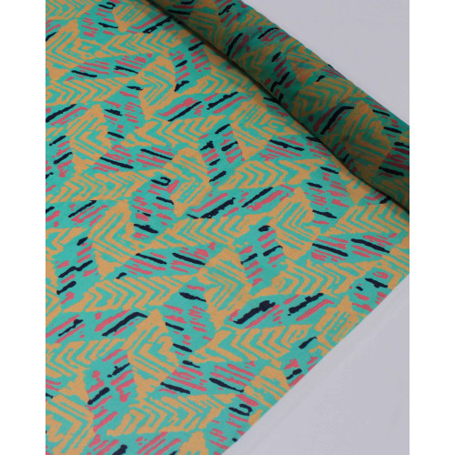 Tecido Crepe Chiffon Italiano Estampa Geométrica Abstrata Salmão, Rosa e Verde Água