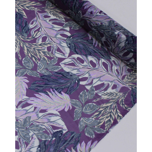 Tecido Crepe Chiffon Multi Folhas Cinza e Tons de Roxo