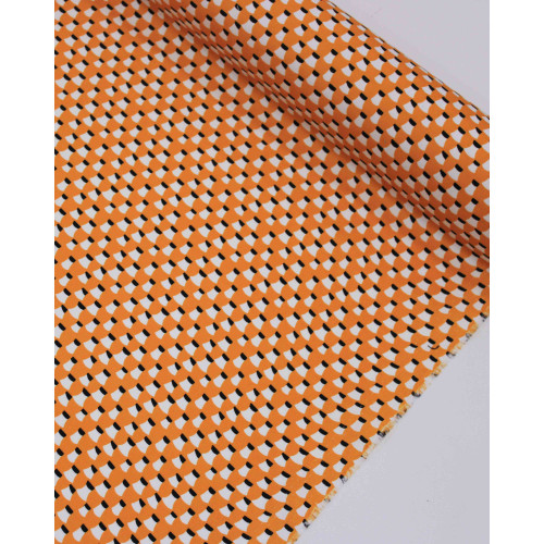 Tecido Micro Fibra Alfaiataria Italiano Micro Figuras Abstratas Preto, Branco e Laranja