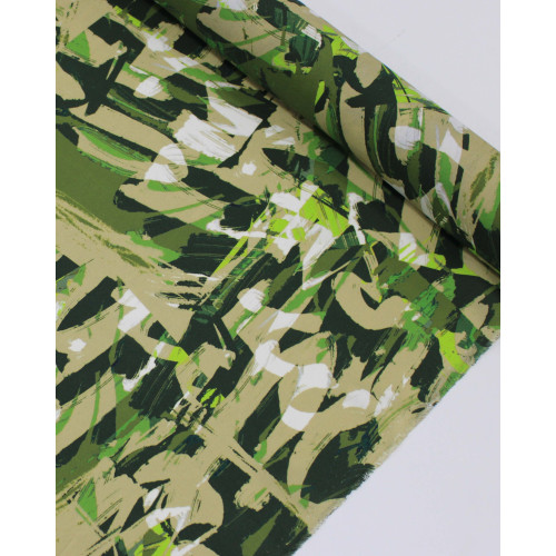 Tecido Viscose Italiano Pinceladas Abstratas Branco, Bege e Tons de Verde