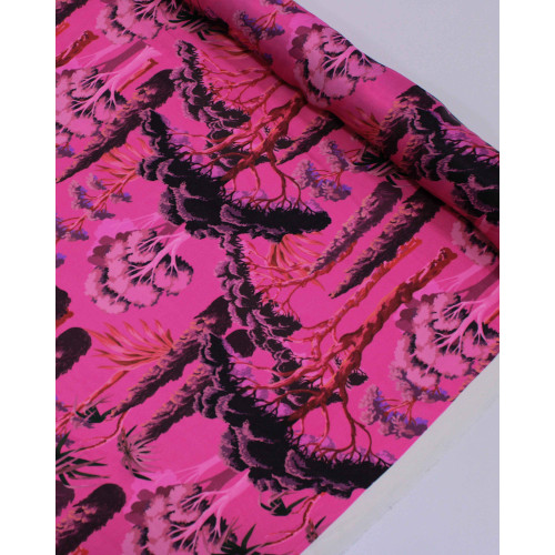 Tecido Viscose Acetinada Italiano Árvores Preto e Tons de Rosa