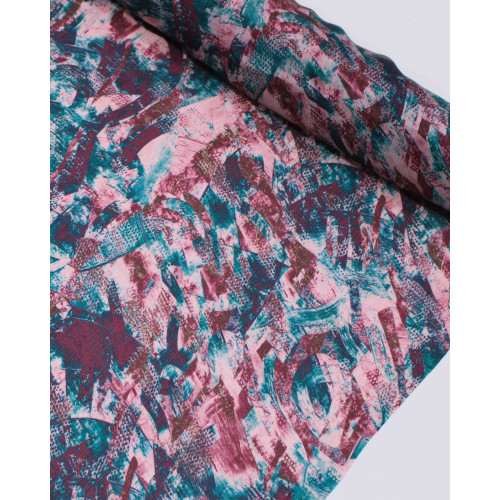 Tecido Crepe Chiffon Italiano Texturizado Italiano Pinceladas Abstratas Marrom, Verde e Tons de Rosa