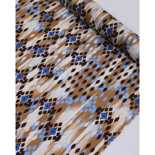 Tecido Viscose Italiano Esampa Geométrica Abstrata Azul, Tons de marrom e Offwhite